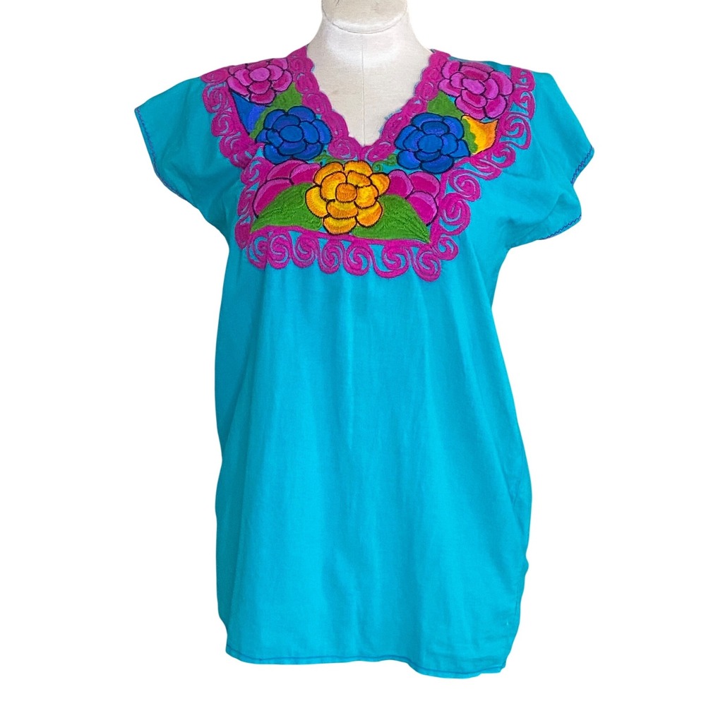 Y2k Mexican Floral Embroidered Peasant SHIRT Turquoise Blue Boho Sz XL V-Neck